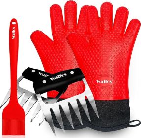Silicone BBQ Gloves - Heat Resistant Grilling Gloves Set with Pork Shredder Claws & Brush (Color: Red)