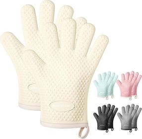 Silicone Oven Mitts Heat Resistant 450 Degrees,Waterproof & Non-Slip Oven Gloves with Fingers (Color: White)